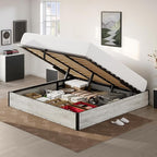 Lift Up Storage Bed Frame, King Size Wooden Platform Bed with Large Storage Underneath, No Box Spring Needed, Noise Free, Distressed White
