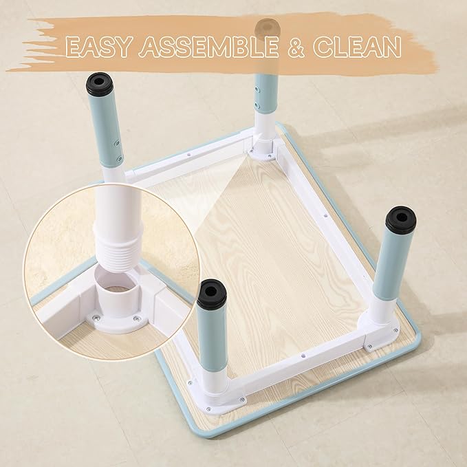 Kids Table and 2 Chairs Set, Height Adjustable Toddler Chairs, Graffiti Desktop Study With Anti-Slip Foot Covers, Children Activity Set for Ages 2-10, Blue Grey