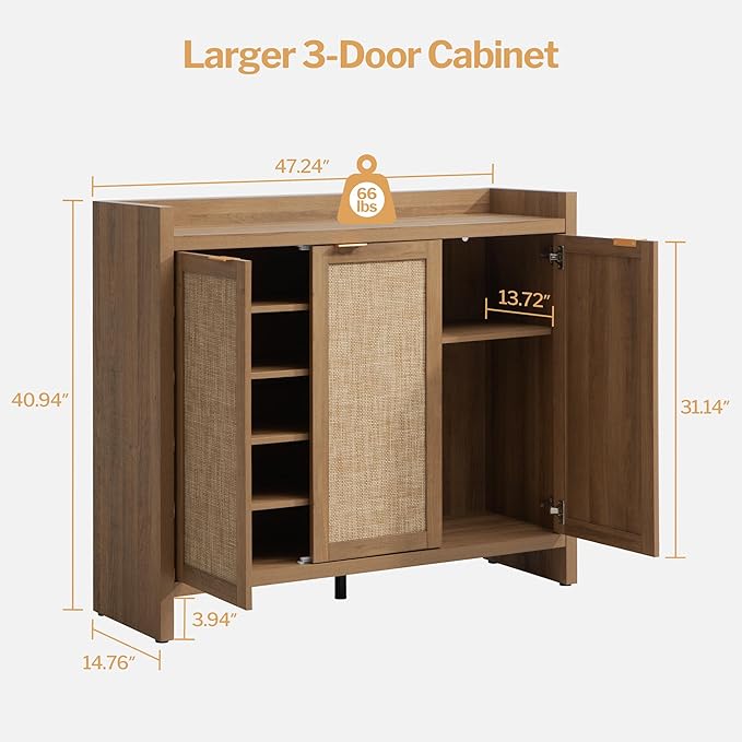 SICOTAS Shoe Storage Cabinet Set of 2, Large Tall Shoe Cabinet, Rattan Shoe Cabinet Storage for Entryway, Farmhouse Cabinet with Doors and Adjustable Shelves for Entryway Hallway Living Room