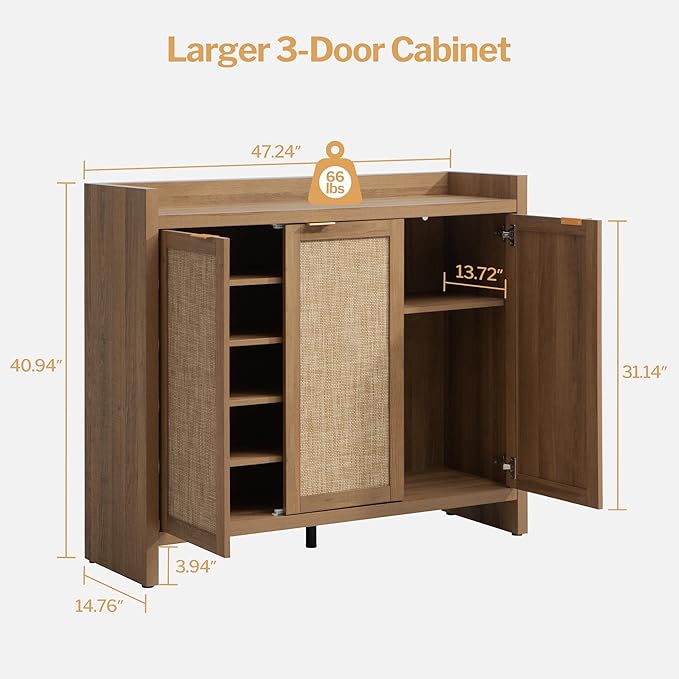 SICOTAS Shoe Storage Cabinet, 30 Pairs Rattan Shoe Cabinet Storage for Entryway, 6-Tier 41" Tall Large Shoe Cabinet, Boho Farmhouse Cabinet with Doors for Entryway Hallway Living Room Closet