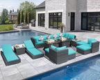 NICESOUL 18 Piece Outside Patio Set with Firepit and Loungers, Luxury Huge Complete Outdoor Sectional Sets with Fire Pit Table, 14-Seater Wide Deep Seated Sofa Modular for Deck,Poolside Gray&Turquoise