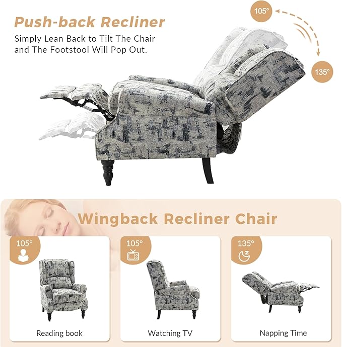 HULALA HOME Upholstered Wingback Recliner Chair Set of 2, Small Adjustable Footrest Push Back Single Reclining Sofa, Mid Century Modern Lounge Armchair for Living Room, Bedroom, Reading/Grey