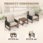 Patio Chairs 3 Piece Wood Patio Furniture with Coffee Table & Cushions, PE Wicker Outdoor Conversation Set Balcony Chairs for Garden, Porch, Deck, Backyard