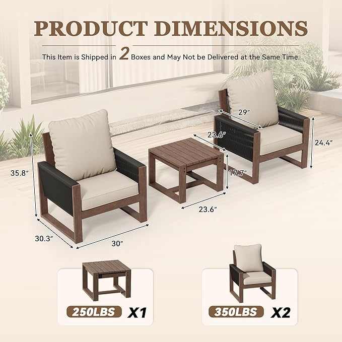 Patio Chairs 3 Piece Wood Patio Furniture with Coffee Table & Cushions, PE Wicker Outdoor Conversation Set Balcony Chairs for Garden, Porch, Deck, Backyard