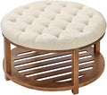VEVOR Large Round Ottoman Coffee Table, 31.9 Inch Tufted Coffee Table with Solid Wood Shelf Storage, Linen Solid Upholstered Footrest Ottoman for Bedroom Living Room, 350 LBS, Linen Color