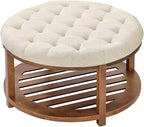 VEVOR Large Round Ottoman Coffee Table, 31.9 Inch Tufted Coffee Table with Solid Wood Shelf Storage, Linen Solid Upholstered Footrest Ottoman for Bedroom Living Room, 350 LBS, Linen Color