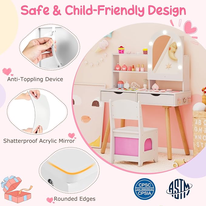 Costzon Kids Vanity with Lights, Girls Vanity Set with Mirror Cabinet, Storage Drawers, Hooks & Shelves, Toddler Makeup Vanity Desk Dressing Table, Wooden Kids Vanity Table and Chair Set (White)