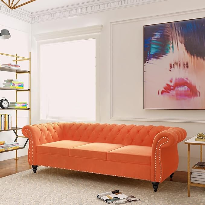 Chesterfield 3 Seater Sofa, Modern Velvet Tufted Couch 3 Seater with Rolled Arms and Nailhead Mid-Century Upholstered Couch for Living Room, Bedroom, Apartment and Office, Orange