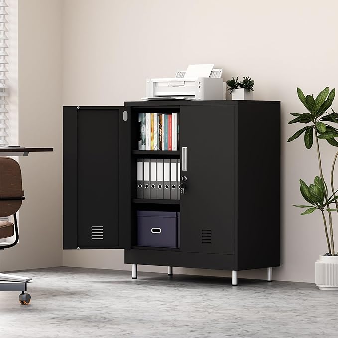 Metal Storage Cabinet with Locking Doors and Adjustable Shelves, Small Lockable Storage Cabinet for Home Office Garage Pantry Entryway Living Room (Black)