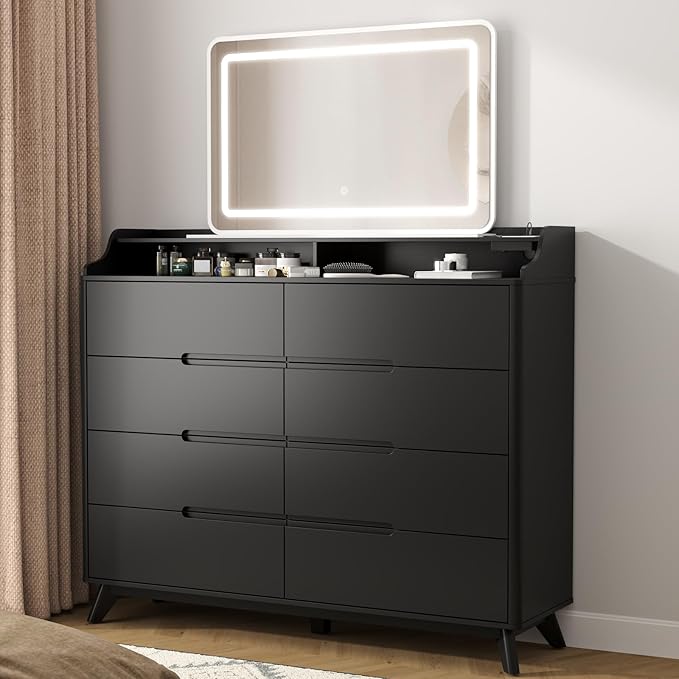 Dresser for Bedroom with 8 Drawers, 55" Large Dresser & Chest of Drawers with Charging Station, Wood Closet Clothes Storage Tall Dressers Organizer for Bedroom Living Room Hallway, Black