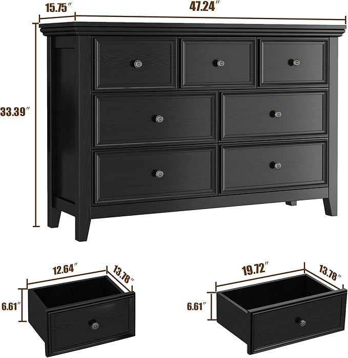 Black Dresser for Bedroom,7 Drawer Dresser, Modern 7 Chest of Drawers for Living Room, Farmhouse Style Storage Cabinet for Living Room, Dining Room, Entryway