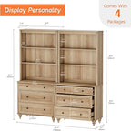 WAMPAT 3 Tier Bookshelf with 3 Drawers, 72" Tall Bookcase Large Farmhouse Display Book Case Shelf with 3-Tier Open Book Shelfs，Library Wood Bookshelves for Living Room,Kitchen, Oak(2PCS)