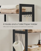 SONGMICS Over-The-Toilet Storage, 3-Tier Bathroom Organizer Over Toilet with Adjustable Shelves, Hooks, Bamboo, Freestanding Space Saver Bathroom Shelves, Heather Greige and Ink Black UBTS012W01