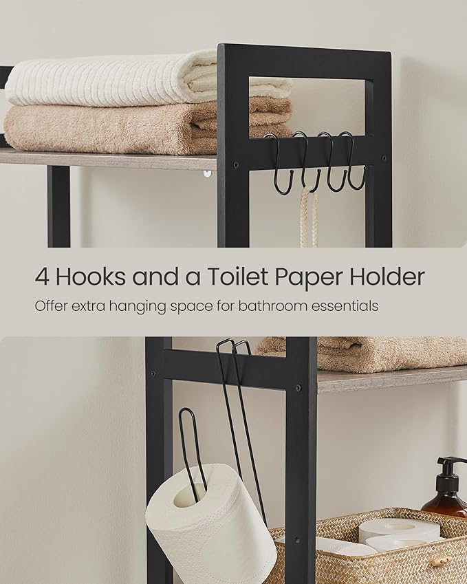 SONGMICS Over-The-Toilet Storage, 3-Tier Bathroom Organizer Over Toilet with Adjustable Shelves, Hooks, Bamboo, Freestanding Space Saver Bathroom Shelves, Heather Greige and Ink Black UBTS012W01