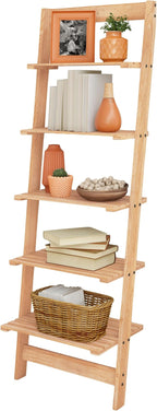 5-Tier Ladder Shelf - 50-Inch Narrow Leaning Bookshelf - Wooden Bookcase for Living Room, Bathroom, Kitchen, Office, or Bedroom Furniture by Lavish Home (Oak)