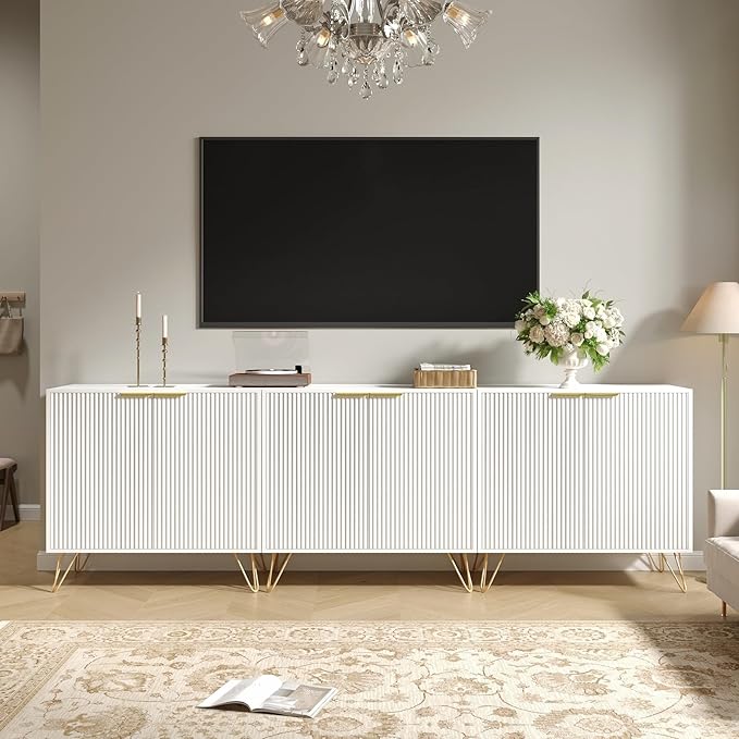 Fluted Storage Cabinet, Set of 3, Sideboard Buffet Cabinet, Modern Wood Accent Table with Adjustable Shelves, Console Table for Living Room, Hallway, Entryway, White
