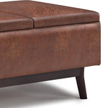 SIMPLIHOME Owen 34 inch Wide Mid Century Modern Rectangle Tray Top Small Coffee Table Storage Ottoman in Distressed Saddle Brown Vegan Faux Leather, Assembled, For the Living Room and Entryway