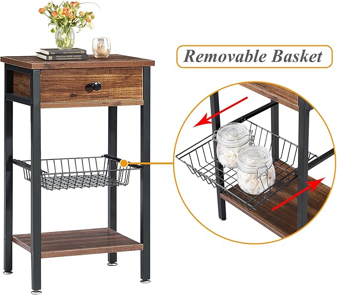 VECELO Tall End Side Tables 27 Inch Night Stand with U-Shape Basket and Storage Drawer/Shelf for Living Room/Bedroom/Small Spaces, Set of 2, Hemp Gray