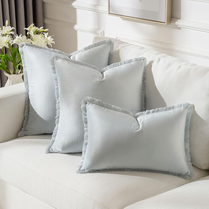 FUTEI Light Blue Velvet Decorative Throw Pillow Covers 12x20 Set of 2,Soft Cozy Edge with Tassels Lumbar Pillow Cases,Boho Modern Home Decor for Couch Bed Living Room
