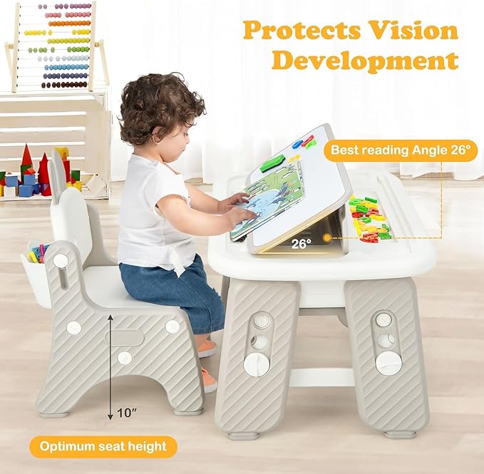 INFANS Kids Table and Chair Set, Activity Table with Magnetic Drawing Board 4 Gears Adjustable Height Bookshelf Watercolor Pens, Toddler Plastic Furniture Table for Playing Reading Eating