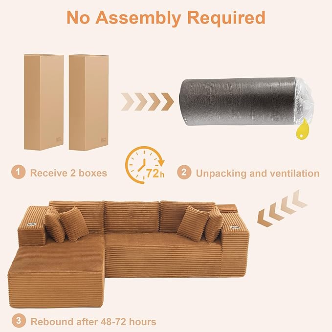 Modular Sectional Sofa, L Shaped Comfy Cloud Couch with Deep Seat, Boneless Couch for Living Room, Modern Sectional Sleeper with Chaise, No Assembly Required, Sofa in A Box, Brown Corduroy