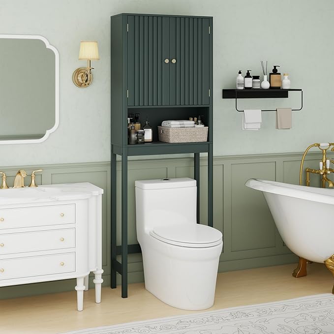 Tangkula Over The Toilet Storage Cabinet, Bathroom Space Saver with Fluted Doors Adjustable Shelf & Bottom Bar, Freestanding Above Toilet Storage Cabinet Organizer for Laundry, Restroom (Forest Green)