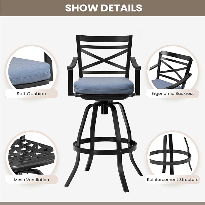 Pellebant Set of 6 Outdoor Bar Stools 30", Aluminum Swivel Patio Bar Height Bar Stools with Back & Footrest, for Deck Lawn Garden(Spectrum Denim)