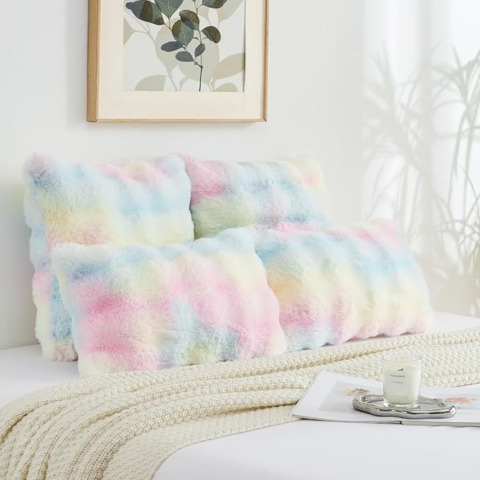 FUTEI Rainbow Decorative Throw Pillow Covers 18x18 Inch Set of 2,Soft Fuzzy Faux Rabbit Fur Cushion Covers with Raised Texture,Neutral Boho Home Decor for Couch Bed Living Room