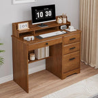 4 EVER WINNER Computer Desk with Drawers for Small Spaces, Wood Desk with File Cabinet & Monitor Stand, Office Desks Writing Study Table for Bedroom, Brown