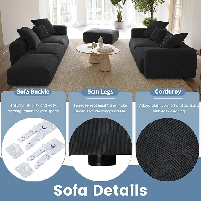 WJShome Cloud Couch Modular Sectional Sofa,102inch L Shaped Sofa with Ottoman,Black 3 Seater Corduroy Couch,Convertible Sectional Sofa for Living Room,Cushion Covers Removable& Washable