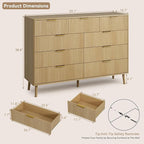 CARPETNAL Fluted 9 Drawer Dresser for Bedroom, 55" Wide Wooden Chest of Drawers with Rounded Corners, Gold Handles, Modern Storage Organizer for Bedroom, Hallway (Oak)