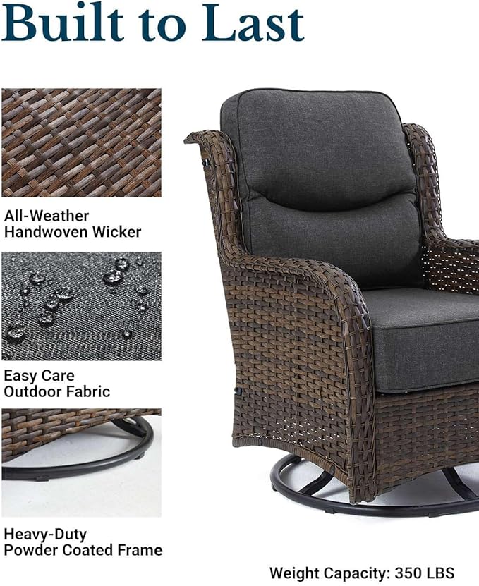 HILLGA Luxury Patio Furniture Set with 6-inch Thick Cushion, Outdoor High Back Swivel Rocker Patio Chairs, 6PCS Wicker Conversation Set for Deck Yard and Poolside, Dark Grey (V2)