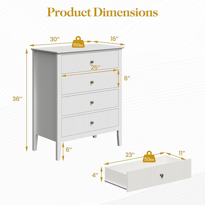 White Fluted 4 Drawer Dresser Set of 2 for Bedroom, Modern Chest of Drawers, Wood Dresser for Storage Clothes, Wooden Storage Cabinet Nightstand for Bedroom, Hallway, Living Room, Entryway