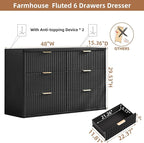 LEYAOYAO Fluted 6 Drawers Dresser Set of 2, 48" Wide Modern Chest of Drawers with Woodgrain Top, Curved Profile Design, Dresser TV Stand, Wooden Drawer Organizer for Bedroom, Living Room,Black
