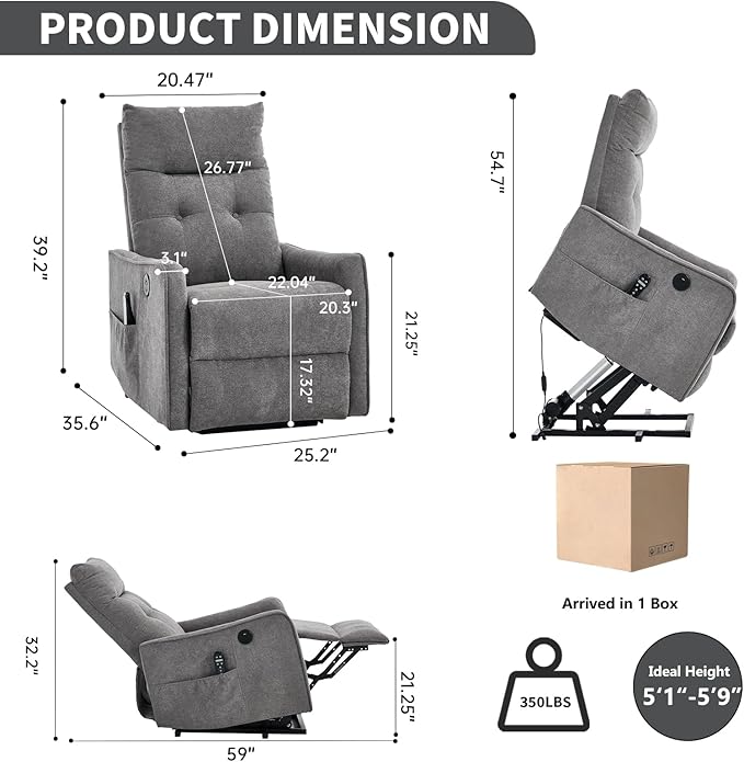 PELUMY Manual Lift Recliner Chair with Massage and Heat for Elderly, Single Motor Electric Lift Chair, Heavy Duty Recliner with USB Charging & Side Pockets (Chenille, Light Grey)