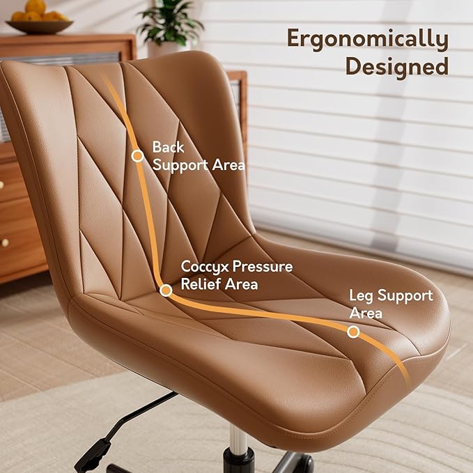 Brown Leather Armless Desk Chair, Soft Ergonomic Cushion, Height Adjustable, Rocking, Home Office