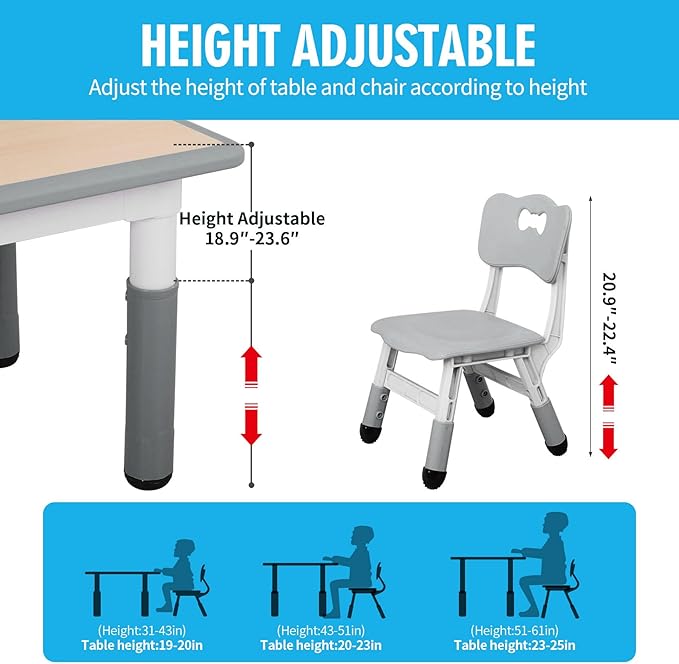 UNICOO Kids Table and Chairs Set, Height Adjustable Toddler Study Table and Chairs, Arts & Crafts Table, Suitable for Ages 2-10, Childrens Activity Table, Preschool Furniture (BY-60-MGY)