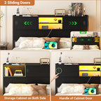 Homieasy Headboard for Full Size Bed with Storage, Sturdy Bookcase Headboards with Outlet, USB & LED Light, Full Size Headboard Only, Head Board with Sliding Doors & Bed Adapter for Bedroom, Black