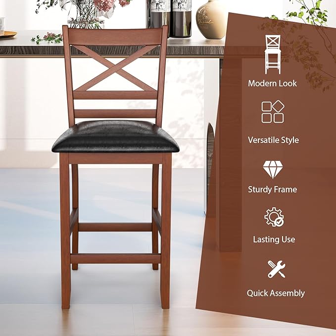 COSTWAY Barstools Set of 2, 25” Counter Height Mid Century Modern Island Chairs with Back, Soft Cushion & Faux Leather Seat, Wooden Armless Kitchen Stools for Home, Cafe Shop, Restaurant, Pub