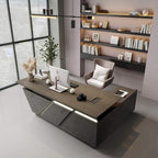 Adjustable Height L-Shaped Executive Desk with LED Light Strip - Black Inverted Trapezoid Design, Includes Storage Cabinet with Drawers & Doors, Ergonomic Standing Office Desk for Home & Office 78.7"