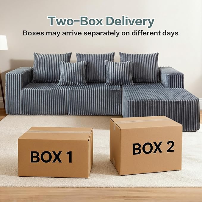 101" Boneless Sectional Couch,Compressed Memory Foam Couch in a Box, Modular Sectional Sofa with Oversized Chaise, Corduroy Boneless Sofa for Living Room, No Assembly Required (Grey)