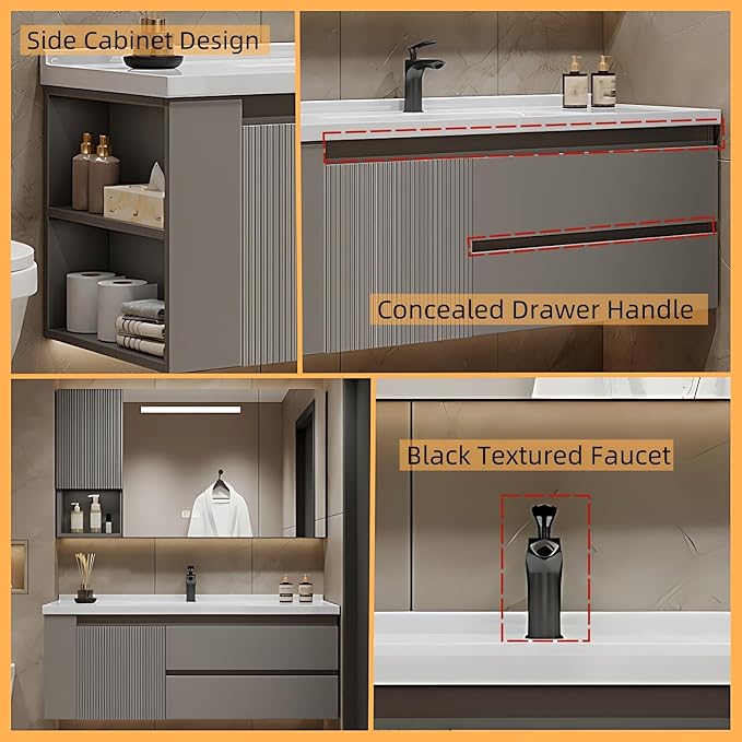 68IN Suspended Bathroom Cabinet Combo Set - Fully Functional LED Mirror with Smart Defogging & Time Display | Bathroom Vanity with Sink,Side Cabinet Storage Compartment (Style A)
