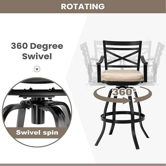 Pellebant 30" Sunbrella Outdoor Bar Stools 8 Pack, Aluminum Swivel Patio Bar Height Bar Stools with Back & Footrest, for Deck Lawn Garden(Canvas Antique Beige)