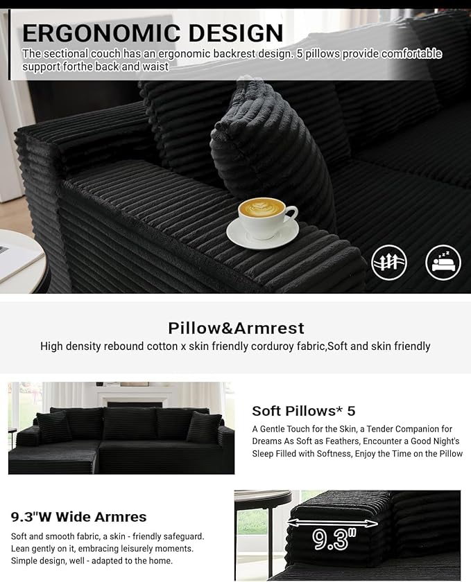 Cloud Sectional Couch, Corduroy Modular Sectional Sofa with L-Shape Chaise, Modern Boneless Couch Comfy Deep Seat for Living Room, Bedroom, Apartment, No Assembly (Black, Right Facing Chaise)