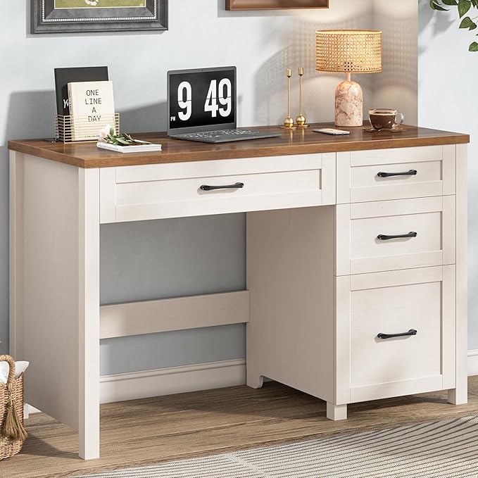 Vabches Farmhouse 47" Executive Desk with 4 Drawers, Computer Desk with File Drawer and Charging Station, Workstation for Home Office, Study.（Unique White）