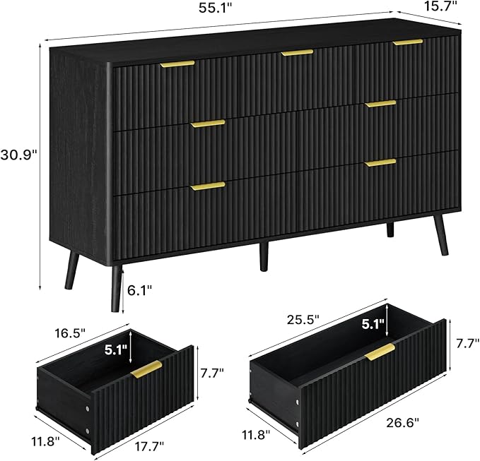 LYNSOM Fluted Dresser and Nightstand Set, 3 Pieces Bedroom Set, 55 Inch Wide 7-Drawer Dresser & 2-Drawer Nightstands Set of 2, Modern Dressers Set for Bedroom, Hallway, Black