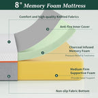 VECELO Charcoal Infused Memory Foam Twin Mattress 8 Inch, Medium Firm Twin Size Bed Mattress with Washable Cover for Twin Bed Frame, Pressure Relieve, Fresh Cooling Comfort