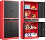 Metal Storage Cabinet with Drawer and Lock,Garage Storage Cabinet with Locking Doors and Shelves,71" Black Red Metal Cabinets,Lockable Steel Tool Cabinets for Garage,Home,Office,Shop