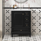 24 Inch Bathroom Vanity with Sink, Freestanding Bathroom Sink Cabinet with 3 Drawers and Storage Door Rack Organizer, Solid Wood Legs, Black