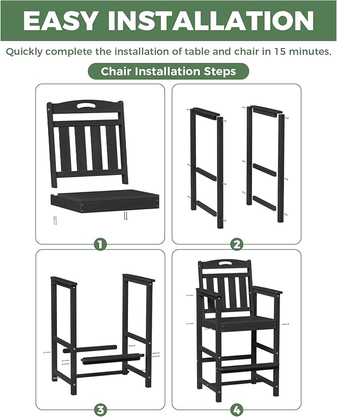 HDPE Outdoor Patio Tall Adirondack Bar Chairs Set of 2, All-Weather Bar Height Balcony Adirondack Stools for Bistro, Garden, Backyard, Pool, Deck | Matte Black